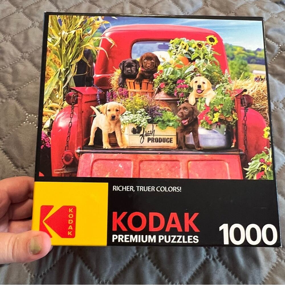 Kodak 1000 Piece Jigsaw Puzzle Dogs in Old Red Farm Truck Scene Flowers